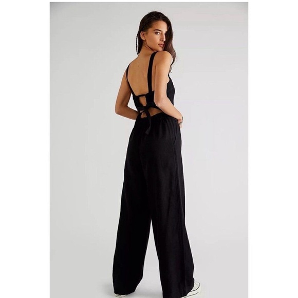 FREE PEOPLE CALL ON ME ONE PIECE WIDE LEG JUMPSUIT IN BLACK Small - Picture 2 of 5